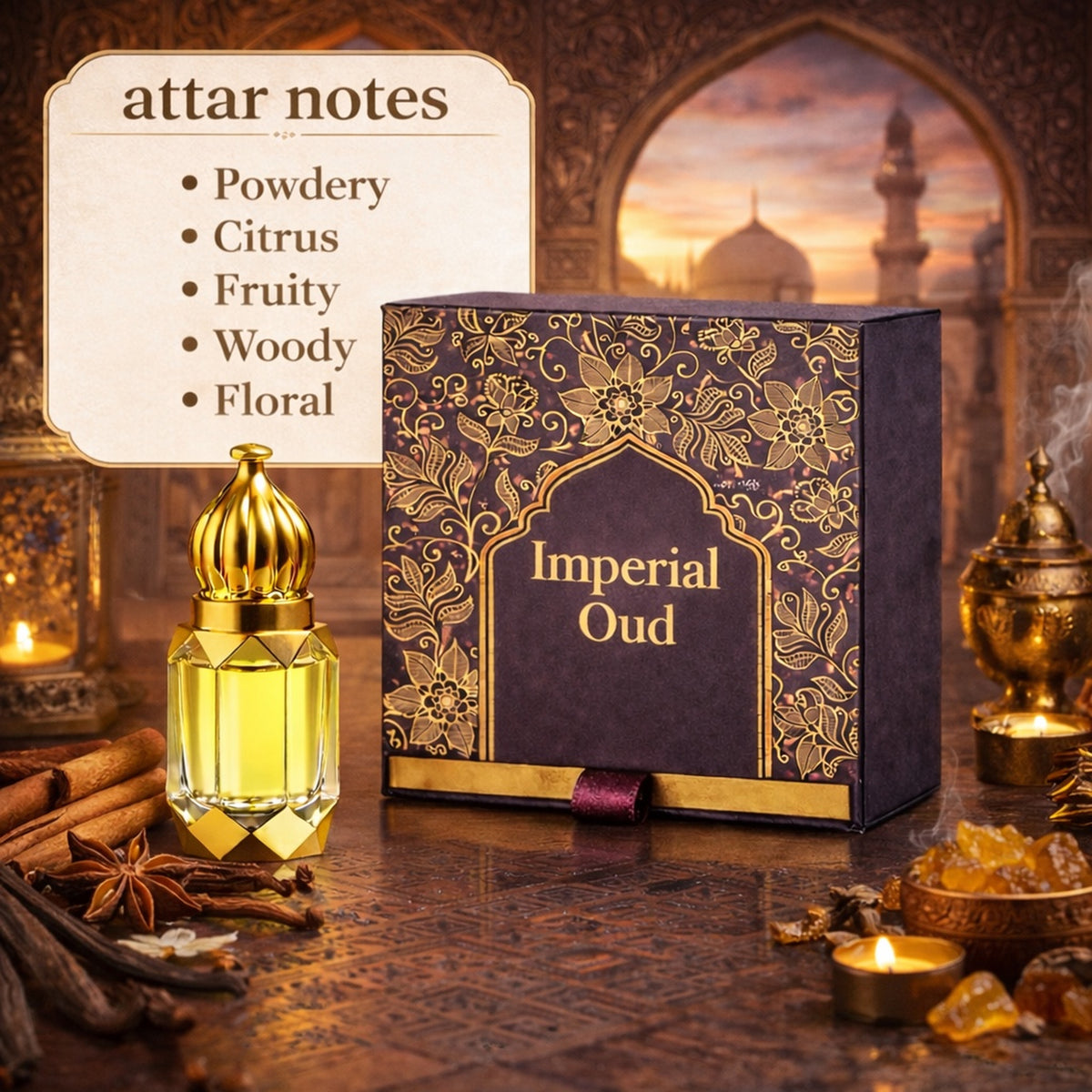 ENROSE Imperial Oud Perfume Oil, Woody Floral Unisex Fragrance, Powdery Citrus Fruity Scent, 6ml, Premium Gift