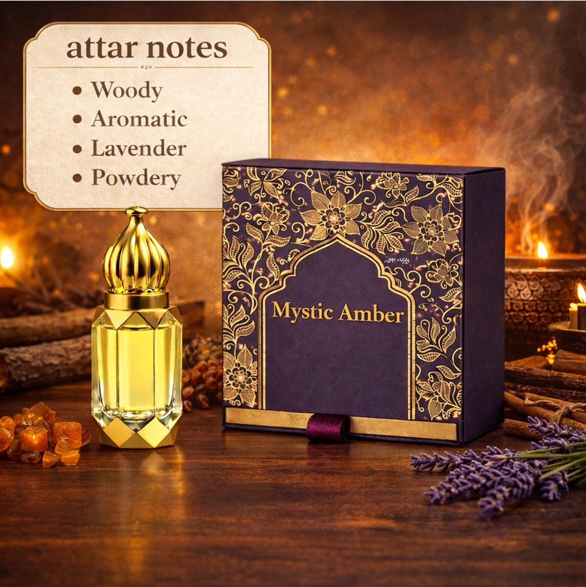 ENROSE Mystic Amber Attar, Unisex Oriental Woody Aromatic Lavender Powdery Fragrance, Premium Imported Oil, Long Lasting, 6ml